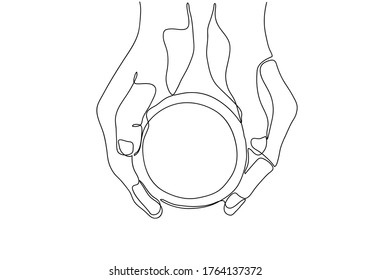 One continuous line drawing of hands holding a cup of hot coffee. art single one line in the cafe black and white picture.