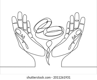 Eine durchgehende Zeichnung von Händen mit Hochzeitsringen. Vektorgrafik. 