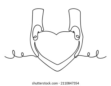 One continuous line drawing. Hands holding gift box with heart-shaped. Gifts for Valentine's Day, Mother's Day, Birthday. Declaration of love. Offer of marriage. Sketch, linear drawing