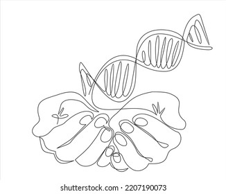 One continuous line drawing of hands holding DNA. vector illustration