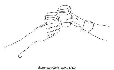 One Continuous Line drawing of Hands with glasses of Coffee. Hands Clink Coffee Glasses. Vector illustration, Line art.