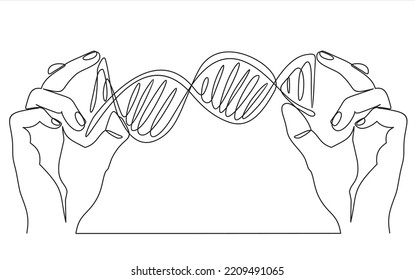 Un dibujo continuo de las manos sosteniendo el ADN. ilustración vectorial