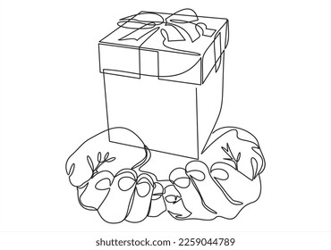 One continuous line drawing of hands holding Gift.