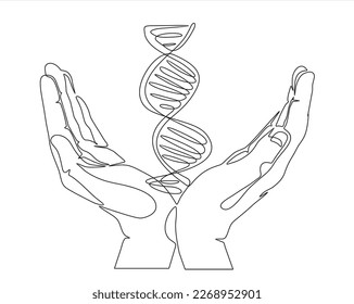 One continuous line drawing of hands holding DNA. vector illustration