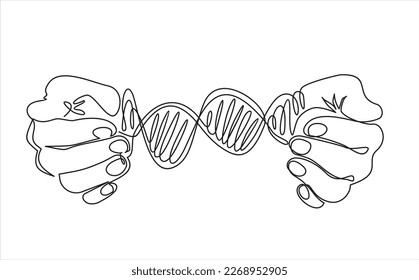 One continuous line drawing of hands holding DNA. vector illustration