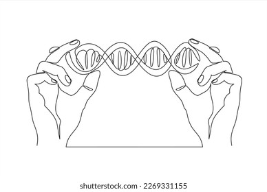 One continuous line drawing of hands holding DNA. vector illustration