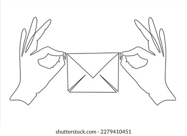 One continuous line drawing of hands holding envelope. vector illustration