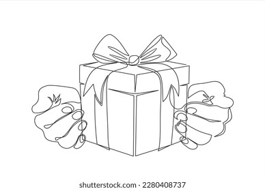 One continuous line drawing of hands holding Gift.