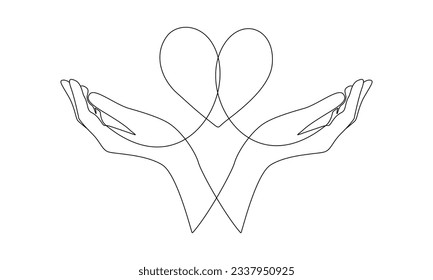 One continuous line drawing of hands holding heart. Concept of love and volunteer organisation symbol in simple linear style. Editable stroke. Doodle outline vector illustration