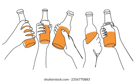 Un dibujo de línea continua de las manos clica botellas de cerveza. Día nacional de la cerveza. Dibujar mano una ilustración vectorial de línea aislada en el fondo blanco.