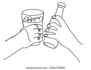 One continuous line drawing of Hands clink beer mug and bottle. National Beer day. Hand drawn one line art vector illustration isolated on the white background.