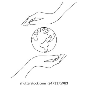 Una línea continua de dibujo de manos sosteniendo el globo terráqueo. Cartel del Día Mundial del Medio Ambiente en estilo lineal simple. Guardar Proteger y Ilustración vectorial de Doodle