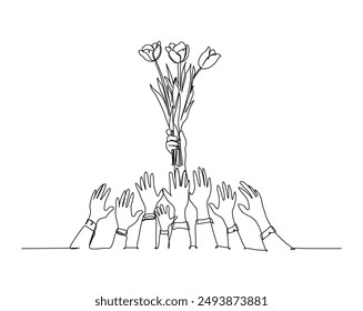 One continuous line drawing hands fighting over bouquet flowers. Catching the wedding bouquet flowers  simple outline vector illustration. Butterfly metamorphosis