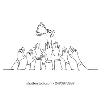 One continuous line drawing hands fighting over trophy. Metaphor of fighting for big win simple outline vector illustration. Butterfly metamorphosis