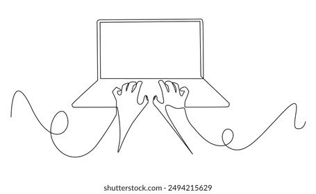 una línea de dibujo continuo de manos escribiendo en un teclado portátil. una línea de dibujo que introduce datos, empleado que trabaja, hombre de negocios. Ilustración vectorial de una sola línea. fondo blanco aislado