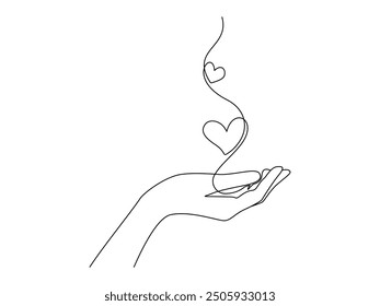 One continuous line drawing of hands holding heart. Concept of love relationship and volunteer organisation symbol in simple linear style. Editable stroke. Doodle Vector illustration