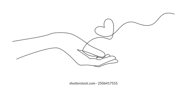 One continuous line drawing of hands holding heart. Concept of love relationship and volunteer organisation symbol in simple linear style. Editable stroke. Doodle Vector illustration