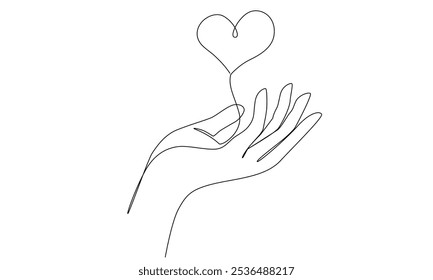 One continuous line drawing of hands holding heart. Concept of love relationship and volunteer organisation symbol in simple linear style. Editable stroke. Doodle Vector illustration