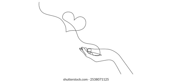 One continuous line drawing of hands holding heart. Concept of love relationship and volunteer organisation symbol in simple linear style. Editable stroke. Doodle Vector illustration eps 10