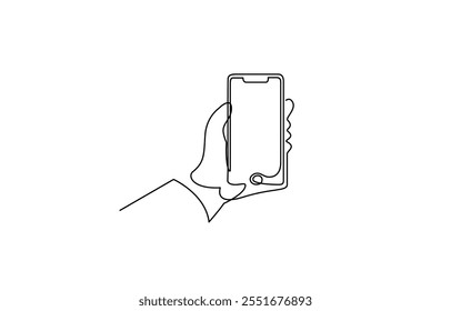 One continuous line drawing of hands holding and touch the screen of smartphone, Continuous one line drawing of a hand holding a phone or smartphone.