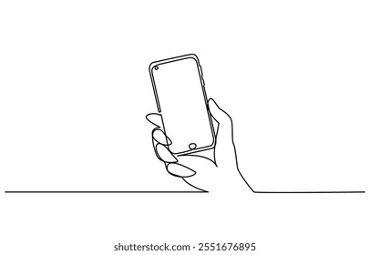 One continuous line drawing of hands holding and touch the screen of smartphone, Continuous one line drawing of a hand holding a phone or smartphone.