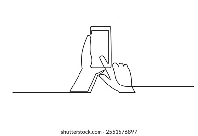 One continuous line drawing of hands holding and touch the screen of smartphone, Continuous one line drawing of a hand holding a phone or smartphone.