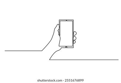 One continuous line drawing of hands holding and touch the screen of smartphone, Continuous one line drawing of a hand holding a phone or smartphone.