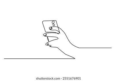 One continuous line drawing of hands holding and touch the screen of smartphone, Continuous one line drawing of a hand holding a phone or smartphone.