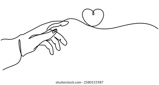 One continuous line drawing of hands holding heart. Concept of love relationship and volunteer organisation symbol in simple linear style. Love For All continuous line drawing with color shapes.