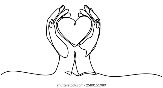 One continuous line drawing of hands holding heart. Concept of love relationship and volunteer organisation symbol in simple linear style. Love For All continuous line drawing with color shapes.