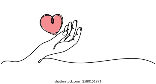 One continuous line drawing of hands holding heart. Concept of love relationship and volunteer organisation symbol in simple linear style. Love For All continuous line drawing with color shapes.