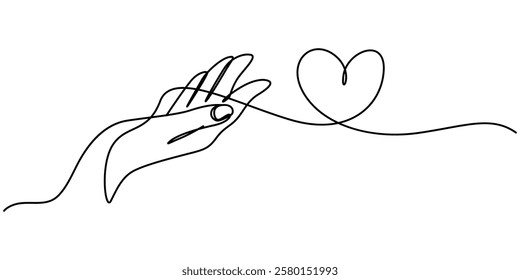 One continuous line drawing of hands holding heart. Concept of love relationship and volunteer organisation symbol in simple linear style. Love For All continuous line drawing with color shapes.