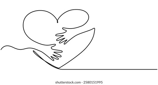 One continuous line drawing of hands holding heart. Concept of love relationship and volunteer organisation symbol in simple linear style. Love For All continuous line drawing with color shapes.