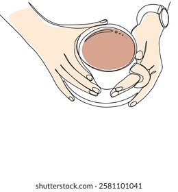 One continuous line drawing of hands holding a cup of hot coffee. Continuous art single one line in the cafe black.