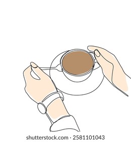 One continuous line drawing of hands holding a cup of hot coffee. Continuous art single one line in the cafe black.