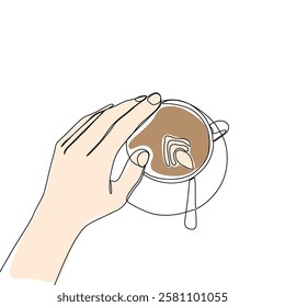 One continuous line drawing of hands holding a cup of hot coffee. Continuous art single one line in the cafe black.