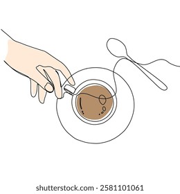 One continuous line drawing of hands holding a cup of hot coffee. Continuous art single one line in the cafe black.