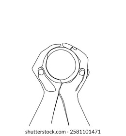 One continuous line drawing of hands holding a cup of hot coffee. Continuous art single one line in the cafe black.