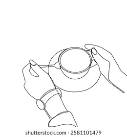 One continuous line drawing of hands holding a cup of hot coffee. Continuous art single one line in the cafe black.