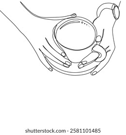 One continuous line drawing of hands holding a cup of hot coffee. Continuous art single one line in the cafe black.