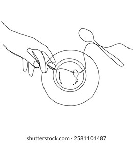 One continuous line drawing of hands holding a cup of hot coffee. Continuous art single one line in the cafe black.