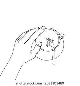 One continuous line drawing of hands holding a cup of hot coffee. Continuous art single one line in the cafe black.