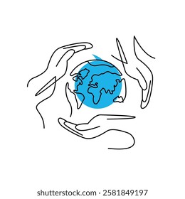 One continuous line drawing of hands holding Earth globe. World environment day poster in simple linear style. Protect and save planet concept line art.