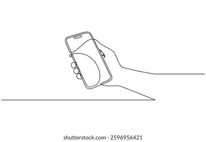 One continuous line drawing of hands holding and touch the screen of smartphone, Continuous One Line Art of Hands Using Gadgets. Vector Illustration of Smartphone in Minimalist Style.