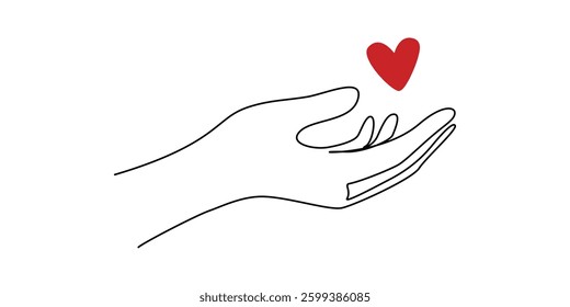 One continuous line drawing of hands holding heart. Concept of love relationship and volunteer organisation symbol in simple linear style. Editable stroke. Doodle Vector illustration