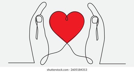 One continuous line drawing of hands holding heart. Concept of love relationship and volunteer organisation symbol in simple linear style. Editable stroke. Doodle Vector illustration eps 10