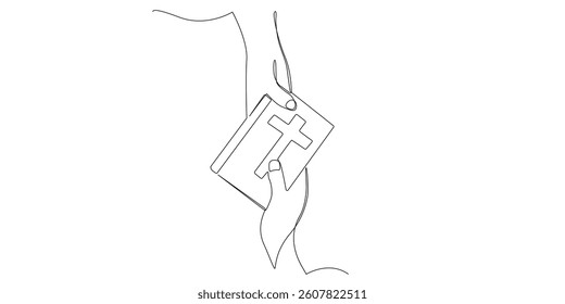 one continuous line drawing of hands and bible.one line drawing of hands interconnected with christian bible.single line vector illustration