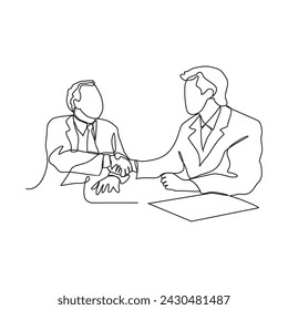 Una línea continua de apretón de manos de dos hombres de negocios, concepto de asociación, estrechar las manos para sellar un acuerdo. Ilustración vectorial de negocios de la actividad en el concepto de vector de estilo lineal simple.