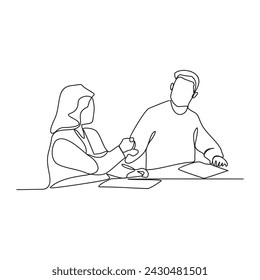Una línea continua de apretón de manos de dos hombres de negocios, concepto de asociación, estrechar las manos para sellar un acuerdo. Ilustración vectorial de negocios de la actividad en el concepto de vector de estilo lineal simple.