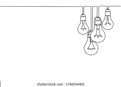 One continuous line drawing of hanging lightbulbs on house ceiling rooftop. Poster for wall decor interior design. Modern single line draw vector graphic illustration